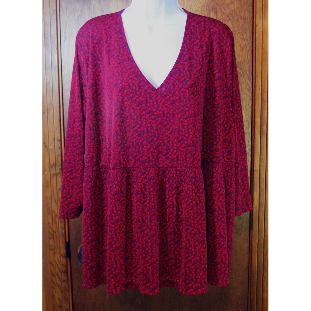 Liz Claiborne Womens 3X‎ Red Dot V-Neck Smocked Peplum Tunic Top Long Sleeve